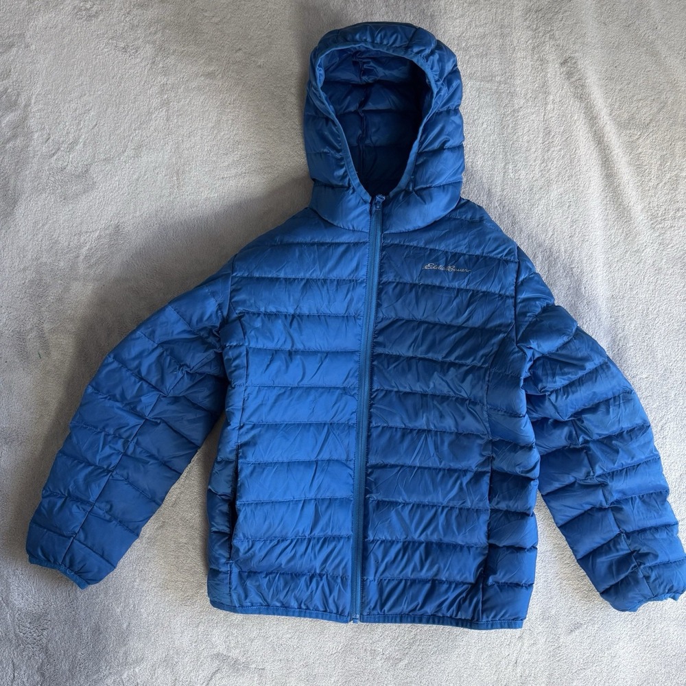 Eddie Bauer CirrusLite Down Puffer Jacket Kids Size M 10/12 Hooded Blue Packable
